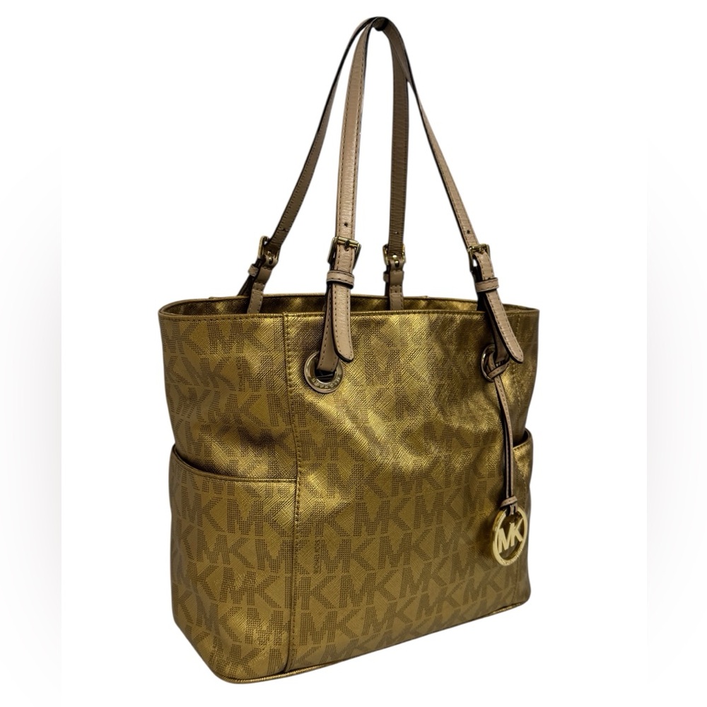 Michael Kors Jet Set East West Signature Gold Metallic Tote Purse Shoulder Bag - Picture 5 of 16